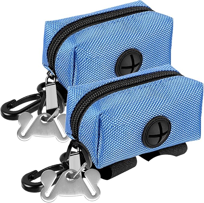 Dog Waste Bag Dispenser Pet Poop Bags Holder for Doggie Waste Bags Dispensers Soft Fabric Zipper Small Doggy Puppy Pouch for Leash Accessory Attachment with Carrier,2PCS Blue