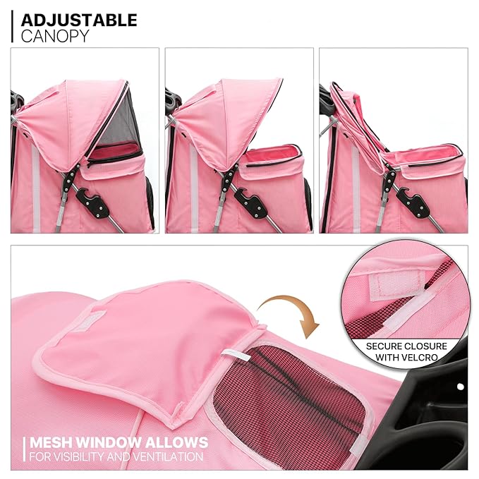 MoNiBloom 3-Wheels Foldable Pet Stroller with Waterproof Cover, Pet Strolling Cart for Small/Medium Dogs and Cats with Storage Basket and Cup Holder, Breathable and Visible Mesh for All-Season, Pink