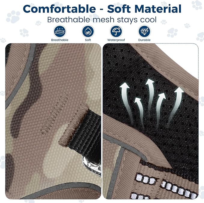 Funfox Dog Harness No Pull, Adjustable Pet Vest Harness, Super Soft Material with Vertical Handle Easy Control, Reflective Night Walking, 2 Leash Clips for XLarge Dogs, Camo Brown, XL