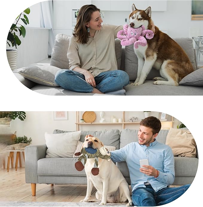 2Pack Dog Toys for Large Dog - Plush Squeaky Medium & Small Dog Toys - Stuffed Animals Puppy Toys - (Monkey+Octopus Pink)