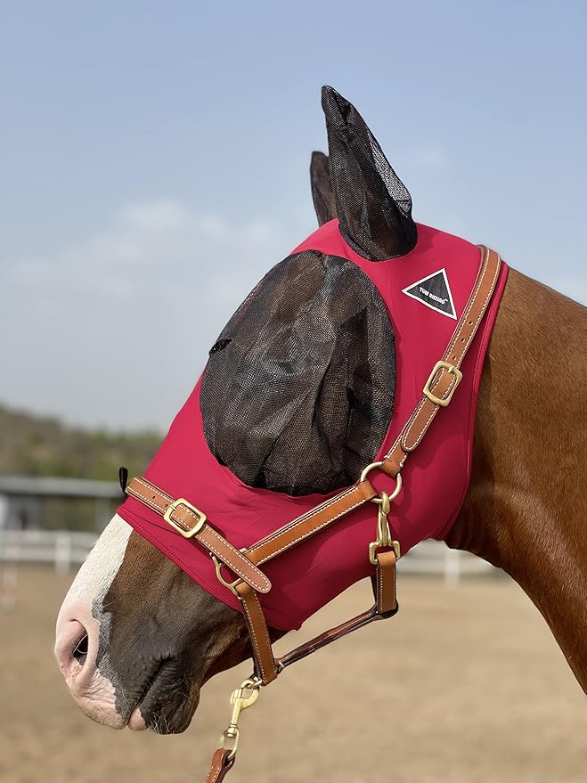 Horse Fly Mask Super Comfort Horse Fly Mask Elasticity Fly Mask with Ears We Only Make Products That Horses Like… (Burgundy, M)