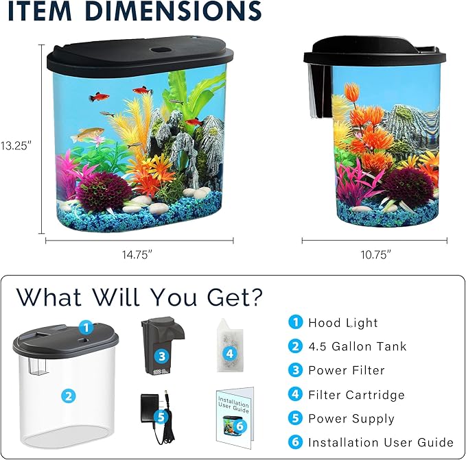 Koller Products Aquarium Fish Tank 4.5 Gallon Starter kit, Self Cleaning System Efficiency Filter 7 Color LED Lights and Timer, Plastic Small Fish Tank for Betta Guppies Neon Snail Ornamental Shrimp