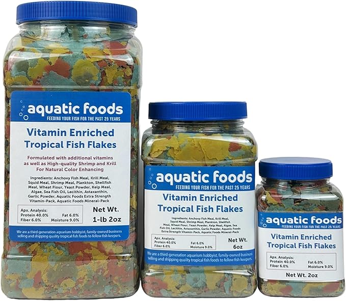 Aquatic Foods Inc. Premium Vitamin Enriched Tropical Fish Flakes, Vitamin Pack, Krill, Color Enhancing, Spirulina Flakes for All Tropical Fish Also Pellet Mix, Wafer Mix Included…6oz Jar
