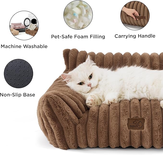Bedsure Cute Dog Couch for Pets - Fluffy Dog Sofa with Premium Soft Corduroy Fleece, Pet Couch Bed with Washable Cover, Supportive Pet Sofa Bed for Medium Large Dogs, 36in, Copper Brown