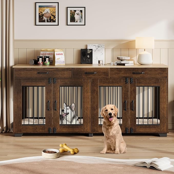 71 Inch Dog Crate Furniture for 2 Rooms, Wooden Double Crate Large Breed with Door, Dog Kennel Indoor, TV Stand End Table with Divider for Large Medium Dogs,Brown