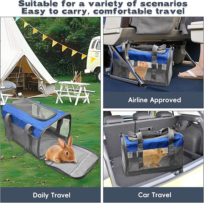 PINVNBY Bunny Carrier for Travel Camping Outdoor, Small Pet Carrier, Guinea Pig Carrier, Breathable Pet Portable Hand Bag for Hamster Bunny Guinea Pig (Blue & Gray)