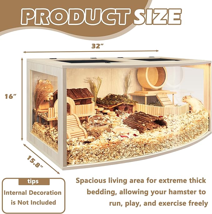 Prolee Hamster Cage Chew Proof Wood, Hamsters Enclosure Openable Top with Curved Design,Waterproof Small Animals Cage with Acrylic Sheets for Gerbils,Hamster Habitat(32 Inches)