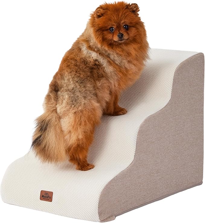 Beige Curved Dog Stairs Ramp for Small Dogs & Cats 17" H, 3-Step Dog Steps for Couch Sofa and Chair, Pet Stairs for Cats, Non-Slip Balanced Pet Steps