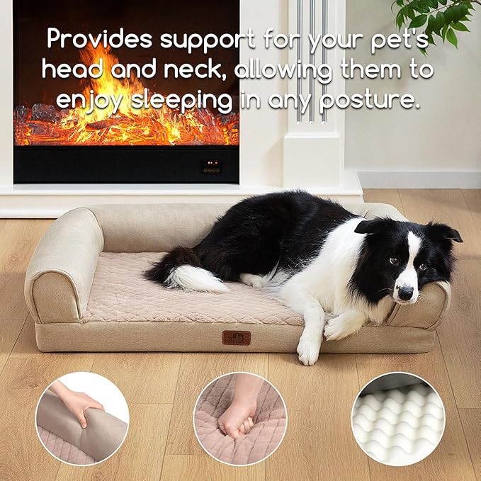 Hollypet Orthopedic Dog Bed for Large Dogs, Supportive Foam Pet Couch with Removable Washable Cover and Non-Slip Bottom, Waterproof Lining Sofa Bed, Khaki, L (36 * 26 * 8)