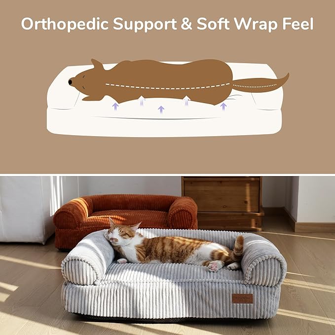 FUKUMARU Dog Couch Bed, Corduroy Cozy Cat Bed for Indoor Cats with Washable Cover, Supportive Waterproof Dog Beds Sofa for Small Dogs and Large Cats Cute, 28inch, Medium, Light Grey