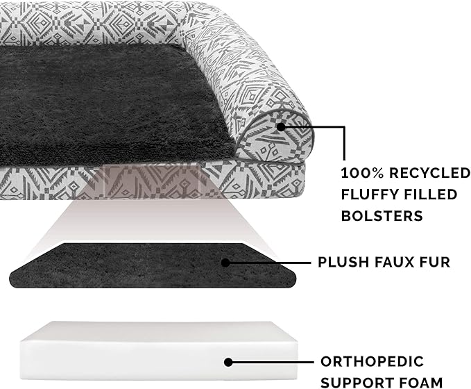 Furhaven Orthopedic Dog Bed for Large Dogs w/ Removable Bolsters & Washable Cover, For Dogs Up to 125 lbs - Plush & Southwest Kilim Woven Decor Sofa - Boulder Gray, Jumbo Plus/XXL