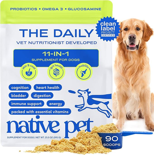 Native Pet Dog Vitamins & Supplements - 11-in-1 Multivitamin Powder for Dogs Food Topper - Collagen, Glucosamine, Probiotics, Omega & More- Supports Healthy Gut, Mobility & Overall Health -90 Scoops