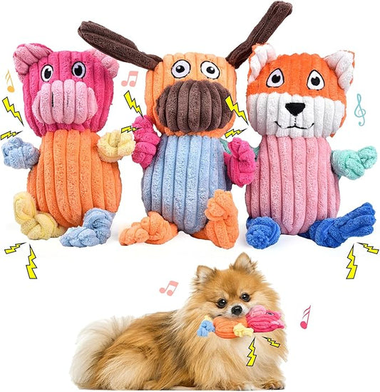 3pcs Dog Squeaky Toys, Plush Stuffed Puppy Chew Toy for Extended Play, Interactive Toys Gifts for Small Medium Large Chewer Dogs, Pet Toy Bulk to Keep Them Busy(Dog&Fox&Pig)