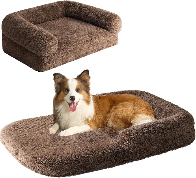 EHEYCIGA Foldable XXL Dog Bed, Faux Fur Fluffy Pet Couch Bed for Extra Large Dogs, Orthopedic Calming Memory Foam Big Pet Bed, Washable Soft Pet Sofa Bed with Non-Slip Bottom, Brown, 54"x38"x7.5"