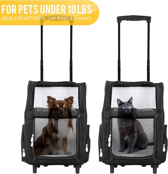 KOPEKS Deluxe Backpack Pet Travel Carrier with Double Wheels for Pets up to 10 Pounds - Black - Approved by Most Airlines