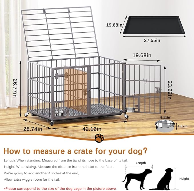 aboxoo 42/48 inch Heavy Duty Metal Dog Crate for 2 Dogs/Large Dog,All Metal Open Top,Dog Kennel Indoor with Wheels,Floor Grid, Tray, Divider and Feeding Bowl (Sliver)