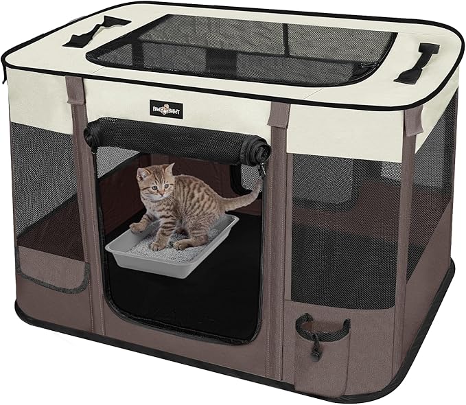 Foldable Pet Kitten Playpen, Upgrade Waterproof Portable Cat Dog Playpen Kennel Tent for Small Dog Cat, Removable Shade Cover, Indoor Outdoor Use for Small Pet, Brown