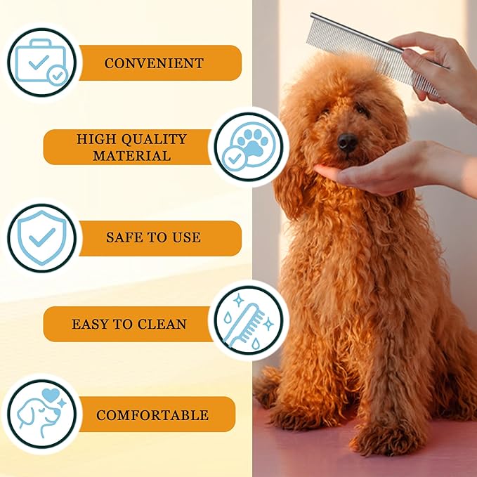 Dog Comb and Cat Combs Stainless Steel Teeth, Grooming Tool for Long & Short Hair, Dematting Comb for Dogs, Removes Tangles & Knots (Small and Large Silver)