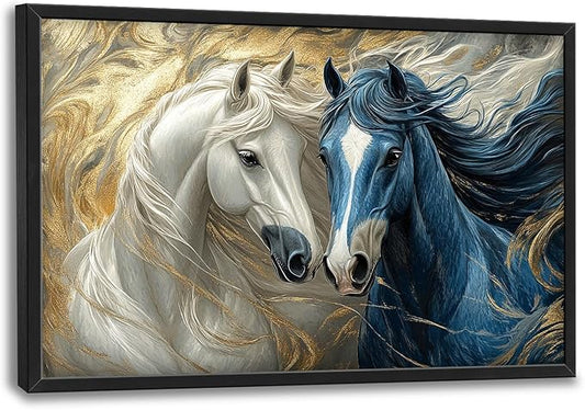 Framed Large Horse Wall Art for Living Room, Oversized Abstract Horses Wall Decor Blue and Golden Canvas Painting Animal Pictures Modern Artwork for Living Room Bedroom Office 36"x24"