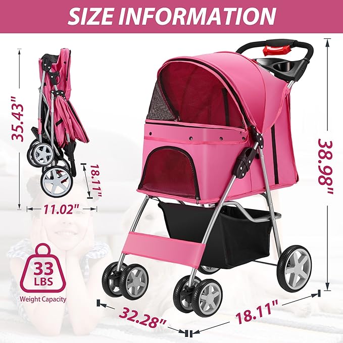 4 Wheels Pet Stroller for Small Medium Dogs Cats 10-33 lbs, Foldable Dog and Cat Stroller with Cup Holder & Storage Basket & Breathable Mesh, Pet Strolling Cart for All-Season, Pink