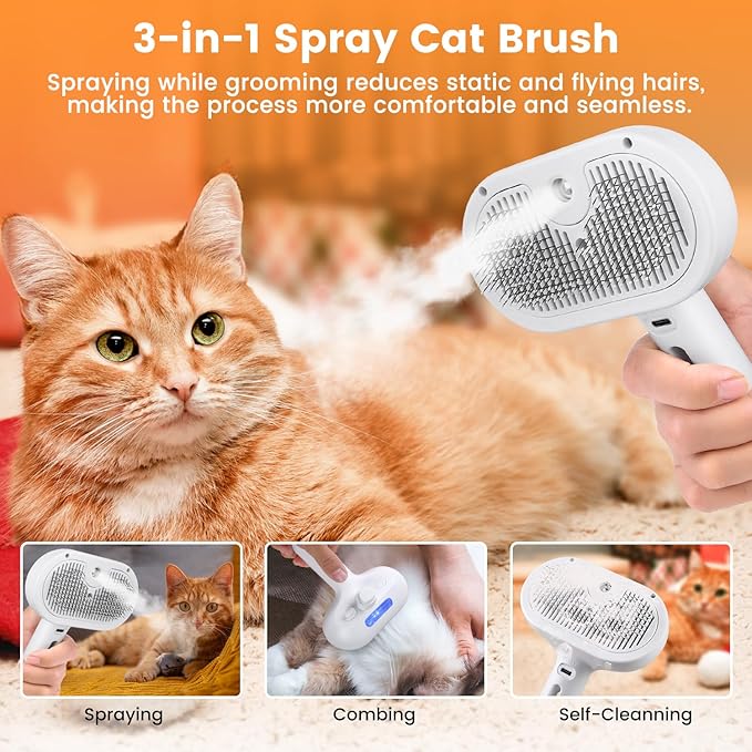 3 in 1 Cat Steam Brush, Pet Steam Brush for Cat Dog Long Short Haired, Pet Spray Hair Removal Comb for Small Animals Shedding & Grooming, Water Mist Spray Brushes with Release Button(White)