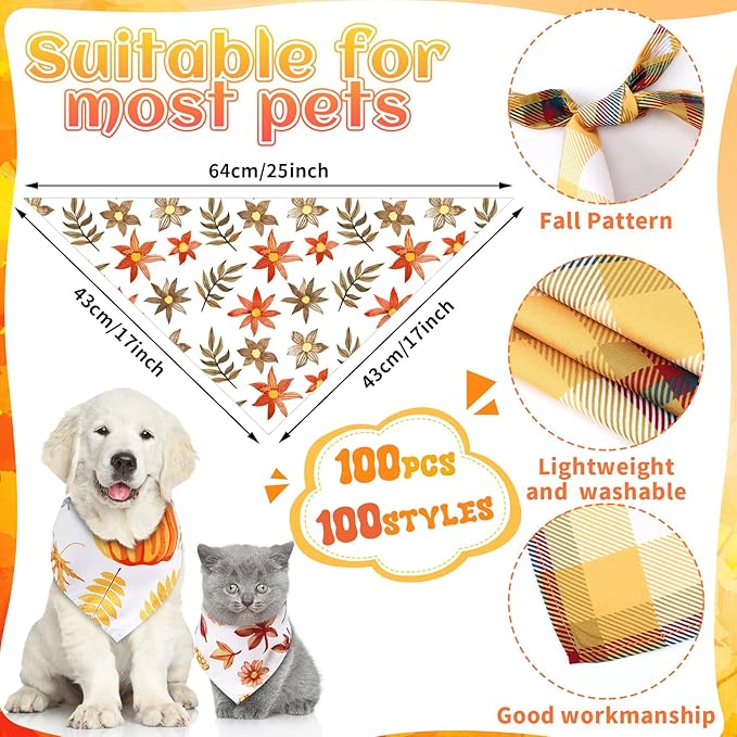 100 Pcs Fall Dog Bandanas Bulk Pet Bibs Colorful Triangle Scarf Autumn Pet Bandanas for Medium Large Dogs Fall Autumn Harvest Festival Costume Decor