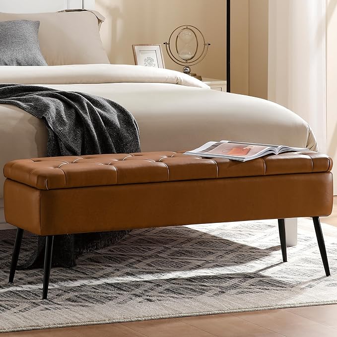 Leather Storage Ottoman Bench,End of Bed Bench for Living Room Bedroom Dinning Room Entryway,Mid-Century Modern,Faux Leather,with Steel Legs,Safety Hinges, Loads 660 lb (with Button, Brown)