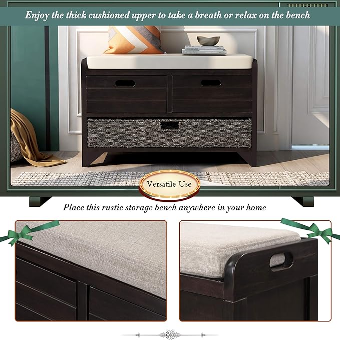 Storage Bench with Removable Basket 2 Drawers Fully Assembled Acacia Wood Shoe Bench Standing Shoe Rack Removable Cushion for Living Room, Entrance Hallway, No Assembly Required Espresso