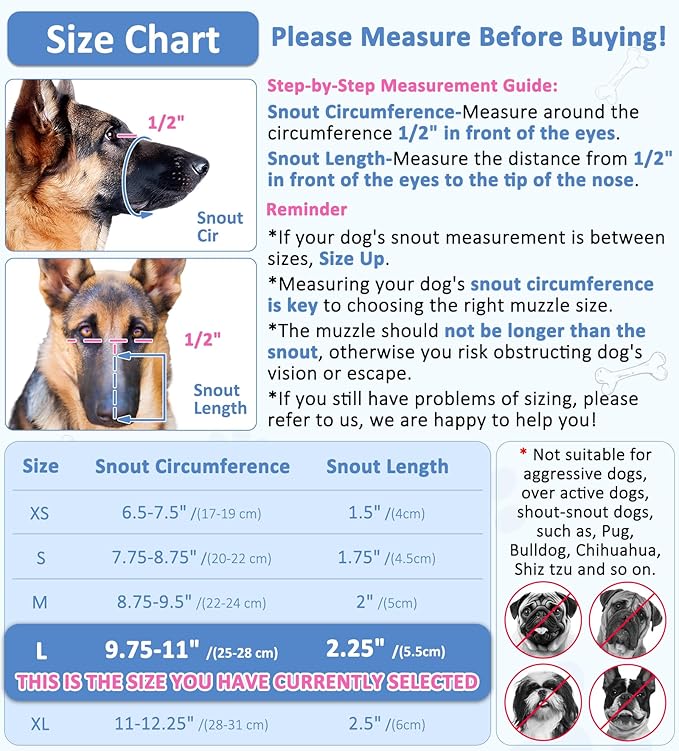 LUCKYPAW Soft Muzzle for Medium Large Sized Dogs Labrador German Shepherds, Dog Muzzle to Prevent Biting Chewing, Adjustable Mouth Guard for Grooming Walking Training(Black, L)