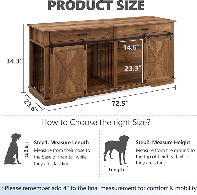 72.5" Extra Large Furniture Style Double Dog Crates for Large Breeds, XXL Wooden Dog Kennel Furniture with Drawers, Divider, Water Resistant & Barn Door for 2 Dogs, Rustic Oak