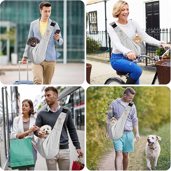 CUBY Dog and Cat Sling Carrier, Hands Free Reversible Pet Papoose Bag, Soft Pouch Adjustable, Suitable for Puppy Cats for Outdoor Travel (Grey, M-Adjustable Strap)