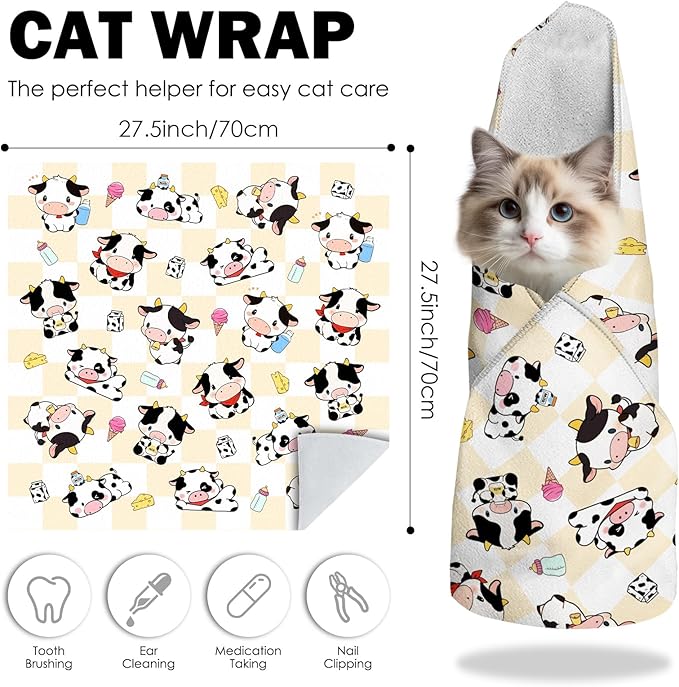 27.6" Cat Grooming Wrap, Self Adhesive Cat Wrap for Cutting Nails, Anti-Escape Calming Cat Swaddle Wrap for Medicine Ear Cleaning, Cartoon Cow Anti-Scratch Cats Burrito Restraint Blanket, Pet Tool