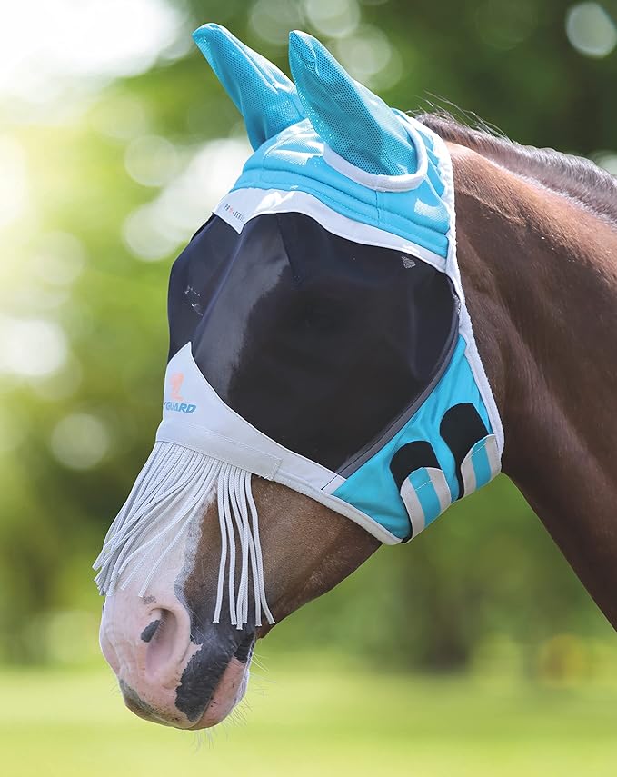Shires Fine Mesh Horse Equine Fly Mask with Ears and Nose Fringe 60% UV Protection (Pony, Teal)