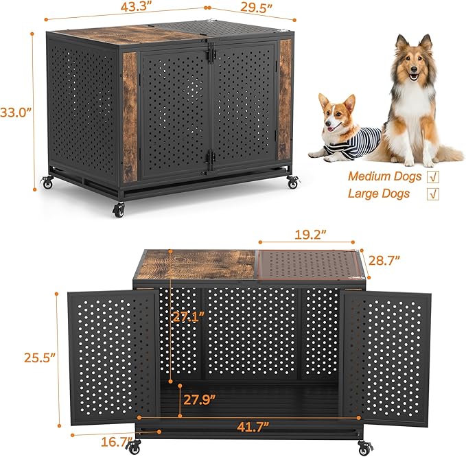 42" Heavy Duty Dog Crate Furniture for Large and Medium Dogs, Enclosed Design with 0.5 inch Holes, Indestructible Metal Kennel for High Anxiety Dogs, Chew Proof Pet House Cage Indoor, Brown