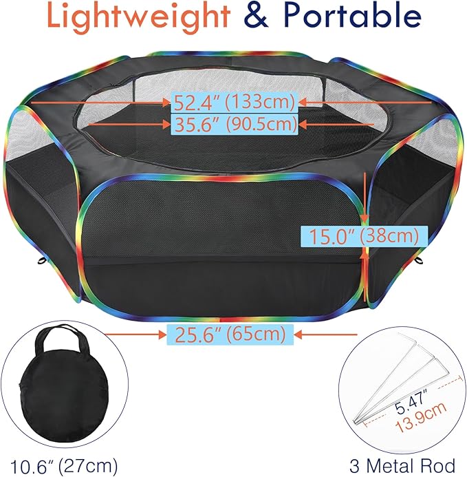Pawaboo Small Animals Playpen, Waterproof Small Pet Cage Tent with Zippered Cover, Portable Outdoor Yard Fence with 3 Metal Rod for Chick/Kitten/Puppy/Guinea Pig/Rabbits/Hamster, Black + Rainbow