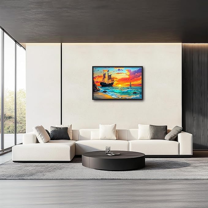 Framed Large Ship Wall Art for Living Room, Oversized Coastal Beach Boat Wall Decor Nautical Seascape Sailboat Canvas Painting Modern Artwork Home Decoration for Living Room Bedroom 36"x24"