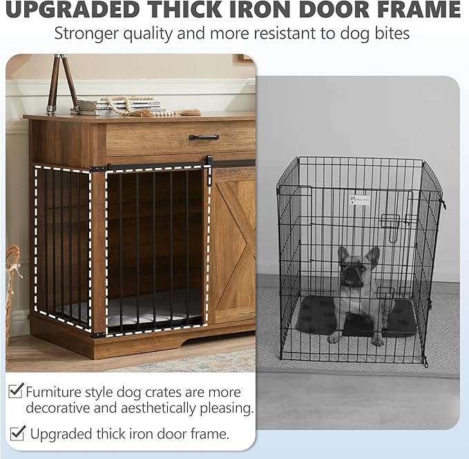 72.5" Extra Large Furniture Style Double Dog Crates for Large Breeds, XXL Wooden Dog Kennel Furniture with Drawers, Divider, Water Resistant & Barn Door for 2 Dogs, Rustic Oak