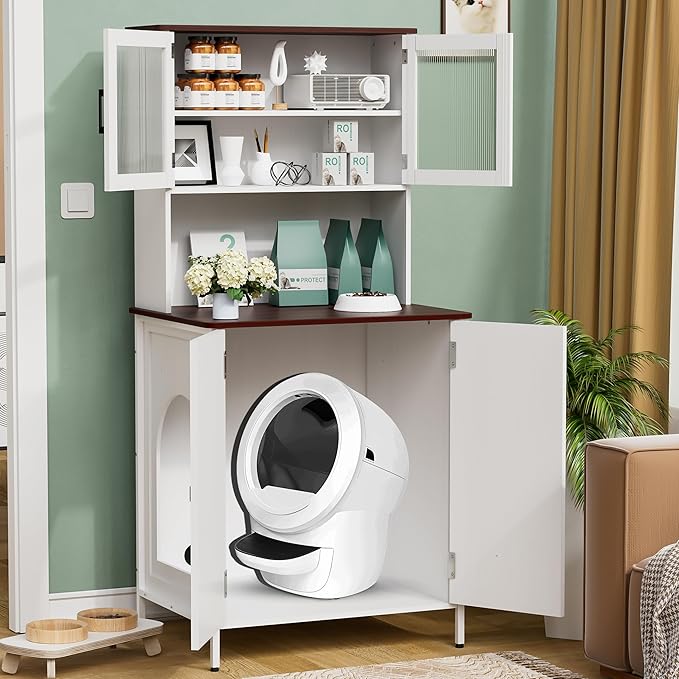 PAKASEPT Cat Litter Box Enclosure Furniture for Self-Cleaning Cat Litter Box with Shelves and Doors