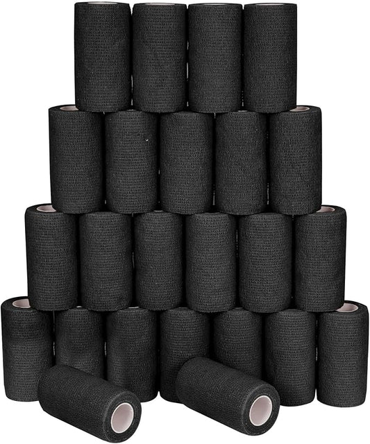 24 Pack Self Adhesive Bandage Wrap, 4” x 5 Yards Cohesive Medical Tape Elastic Grip Tape Black Sports Tape Athletic for Ankle, Wrist Sprains, Pet First Aid (Black, 4 Inch)