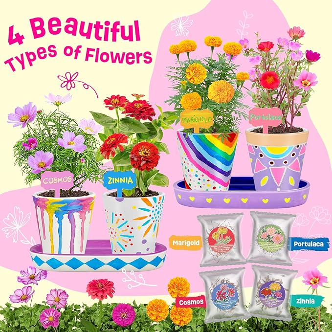 4 Set Paint & Plant Flower Gardening Kit - Gifts for Girls Ages 8-12, Arts and Crafts for Kids Ages 8-12, Kids Gardening Set, Birthday Toys Gifts for Girls Boys Ages 6 7 8 9 10 11 12