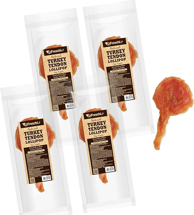 Afreschi Natural Turkey Tendon Lollipop Pack of 4, Dog Treat for Signature Series, All Natural Human Grade Puppy Chew, USA-Sourced Turkey Tendon, Rawhide Alternative