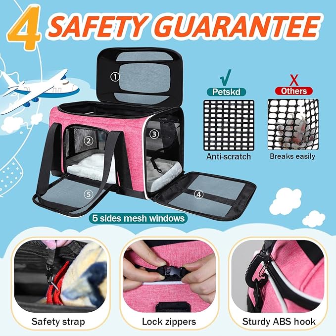 Petskd Top-Expandable Pet Carrier 18x11x11 Inches Delta American United Airline Approved, Soft-Sided Carrier for Small Cats and Dogs with Locking Safety Zippers and Anti-Scratch Mesh(Pink)