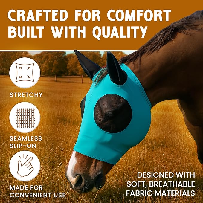 Horse Fly Mask - Arab Equine Fly Mask with Full Coverage for Eye & Ear - Stretchable, UV & Sun Protection Flymask for Horses, Ponies & Mini Horses - Horse Face Cover for Pasture & Trail - Teal
