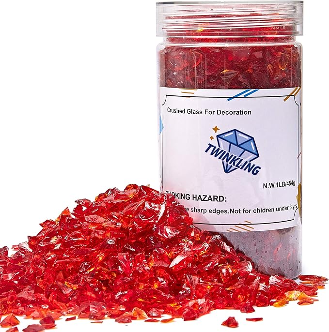 TWINKLING High Luster Fire Glass Gravel Stone Glitter,Broken Glass,Fire Gems Chips,Crushed Glass for Fire Pit Crafts Resin Art Aquarium Garden Decoration,3-6mm,1-Pound Jar (Red)