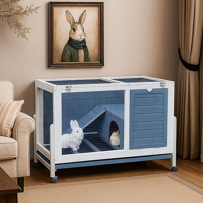 Two Floors Wooden Indoor Bunny Hutch Rabbit Cage on Wheels Guinea Pig PET House for Small to Medium Animals Waterproof No Leak Tray (M)