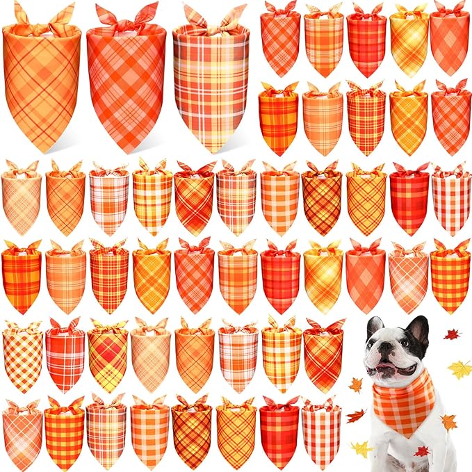 Abbylike 50 Pcs Fall Plaid Dog Bandanas Bulk Autumn Bandanas for Dogs Triangle Kerchief Bibs Scarf for Small Medium Large Pets Thanksgiving Costume Accessories, 25 Styles (31.5 x 21.7 x 21.7 Inch)