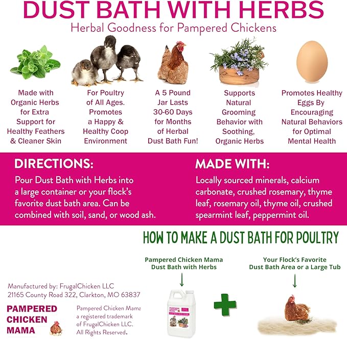 10.5 lb Pampered Chicken Mama Dust Bath with Organic Herbs & Essential Oils for Chickens, Quail, & Poultry | Dust Bath for Chickens to Keep Feathers Clean & Healthy