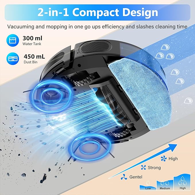Tikom Robot Vacuum and Mop Combo, 5000Pa Robotic Vacuum Cleaner, 150 Min Max, App & Remote Control, Ideal for Hard Floor, Carpet, Pet Hair, Self-Charge(G8000 Max)