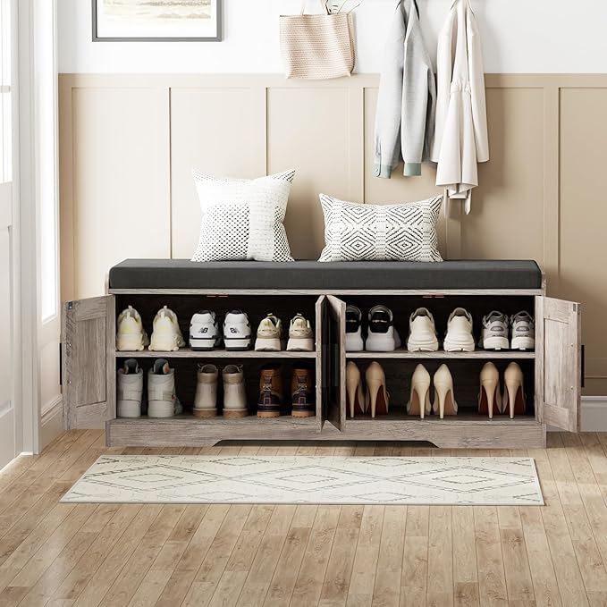 2-Tier Storage Bench, Shoe Bench with Thickened Padded Seat Cushion, Entryway Bench with 4 Doors, Adjustable Shelf, 13.8" D x 45.3" W x 18.5" H, for Entryway, Living Room, Bedroom, Greige