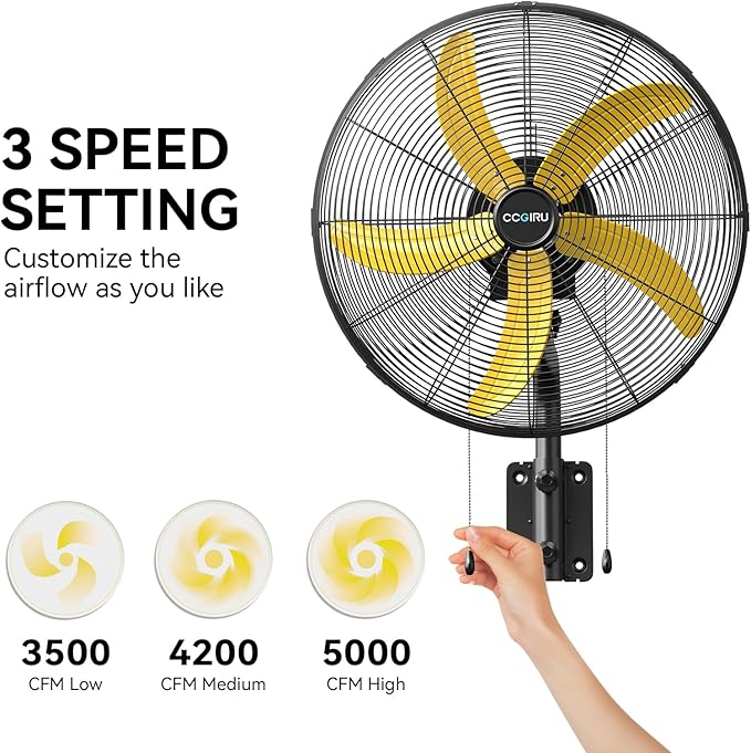 5000 CFM 20" Wall Fan Oscillating, Professional Industrial Wall Mount Fan with 3 Speed for Warehouse, Factory, Workshops, and Garage, UL Listed